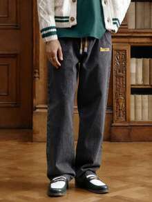 Men's Casual American Style Jeans, Drawstring Elastic Waist Straight Leg, Simple Dark Grey Design Everyday Relaxed Pants, Versatile For All Seasons - Grey - View 2