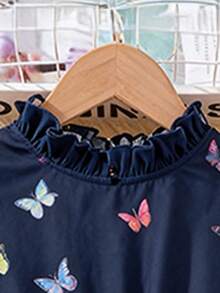4-8岁女童藏蓝色蝴蝶印花连衣裙，层叠荷叶边下摆配蝴蝶结腰带，可爱夏季休闲连衣裙 - 寶藍色 - 查看 4