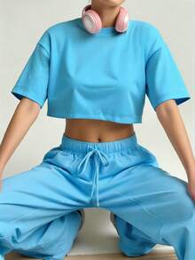 Blusa de mujer de corte holgado, cuello redondo, manga corta, casual, adecuada para primavera y verano, con estilo minimalista, elegante y sexy Y2K, apta para uso diario, oficina, hogar y exteriores, color negro - Azul - Ver 3
