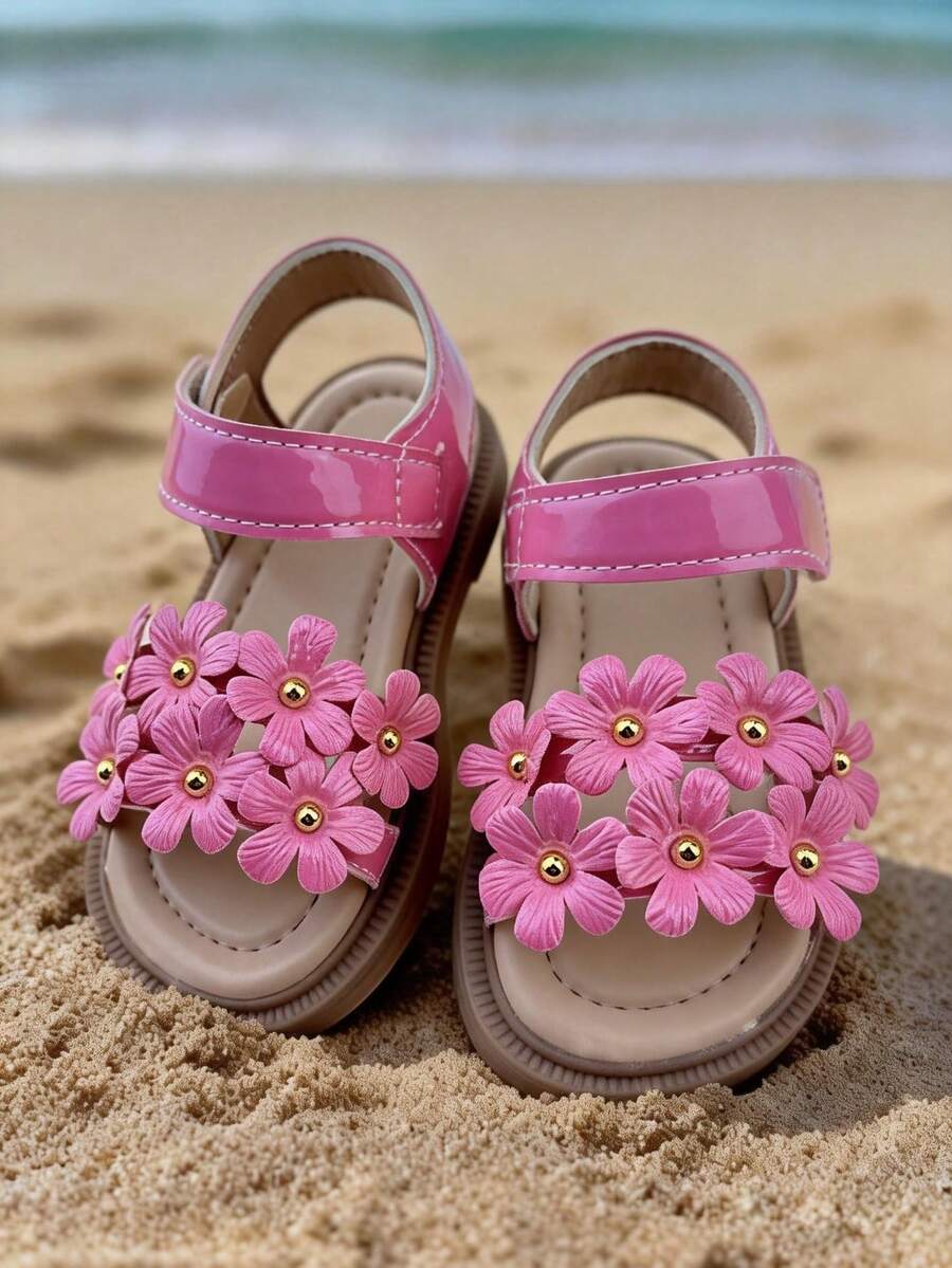 1 Pair Girls' Sweet 3D Floral Decor Sandals, Made Of Soft Leather And Patent Material, Non-Slip, Open Toe Flat, Suitable For Summer Beach Outings, Weekend Beach Picnics, And Daily Wear - Hot Pink - View 1