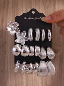 6-18 Pieces Of Women's Silver Fashion Earrings Set, Immortal Flower+Mount Taishan Stone Vertical Grain Water Drop+C-Shaped Fashion Retro Creative Design, Women's Personalized Daily Party Wear Date And Holiday Earrings Exquisite Holiday Gifts - Silver - View 12