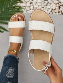 Flat Sandals For Women Comfortable Elastic Strap Walking Sandals Rhinestone Open Toe Casual Sandals - White - View 4