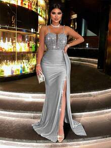 CHOSMO Elegant Sequin Patchwork High Slit Spaghetti Strap Party Dress - Grey - View 2