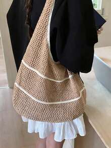 Yogodlns 春夏编织手提包，多巴胺色单肩/腋下包，休闲镂空沙滩包，纯色针织单肩包，极简撞色钩针手提包，百搭镂空休闲编织手提包 - 卡其色 - 查看 6