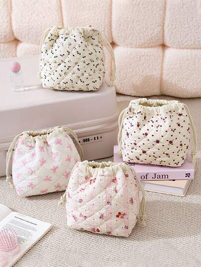 1Pc Flower/Rose/Bow Print Quilting Desktop Upright Drawstring Storage Bag Multifunctional Storage Basket Storage Bucket,Girls Large Capacity Cosmetic Organizer Bag Makeup Bag Toiletry Bag Camera Bag Pencil Holder Cabinet Storage Products,Skincare Storage Basket,Women Cute Make Up Storage Drawstring Bag