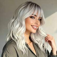 14" White Ombre Short Curly Bob Wig With Bangs For Women - Matte Heat-Resistant Fiber | Breathable Rose Net | Women Christmas Holiday Daily Wear - 白色 - 查看 2