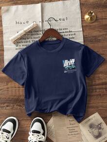 男童休闲印花圆领短袖T恤，夏季上衣 - 藏蓝色 - 查看 5