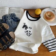 Kaos Lengan Panjang 2 in 1 untuk Anak Laki-laki, Model Kasual Musim Semi 2026 Terbaru, Motif Hewan Kecil Blok Warna, Modis, Lucu, dan Serbaguna - Krem - View 7