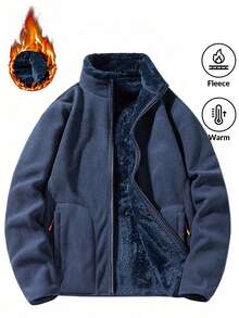 Men's Solid-Color Shearling Jacket Winter Fleece-Lined Long-Sleeve Stand-Up Collar Zipper Snow Leopard Jacket Winter Coat Men's Winter Sports - Navy Blue - View 2