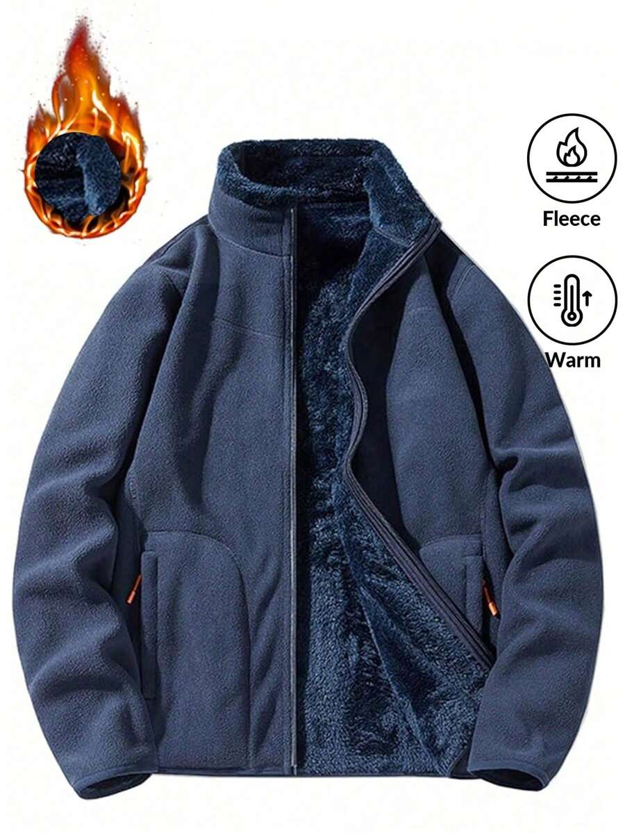 Men's Solid-Color Shearling Jacket Winter Fleece-Lined Long-Sleeve Stand-Up Collar Zipper Snow Leopard Jacket Winter Coat Men's Winter Sports