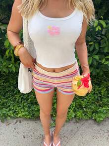 Women's Summer Vacation Sweater Shorts, Crochet Hollow Striped High Waist Beach Cover-Up Shorts , Women's Sexy Fitted Summer Casual Shorts Pink - Pink - View 4