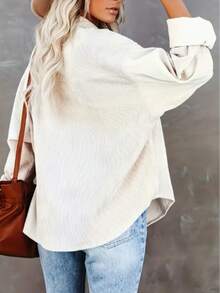 Fashionable Women's Long Sleeve Button Front Corduroy Shacket With Pockets, Versatile Autumn All-Match Shacket, Suitable For Daily Wear - Apricot - View 2