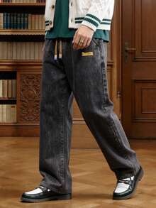 Men's Casual American Style Jeans, Drawstring Elastic Waist Straight Leg, Simple Dark Grey Design Everyday Relaxed Pants, Versatile For All Seasons - Grey - View 3