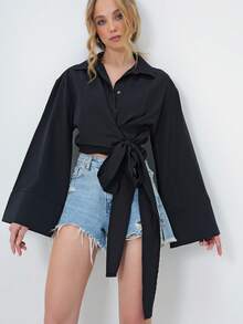 Camisa casual de manga larga con botones delanteros y lazo, de unicolor - Negro - Ver 3