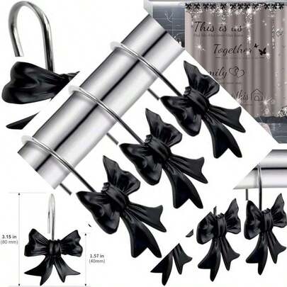 CHICTIE Bow Knot Decorative Shower Curtain Hooks, Black Shower Rings For Shower Curtain Rods Babys Girls Room Bathroom Rustproof Shower Hooks Hangers