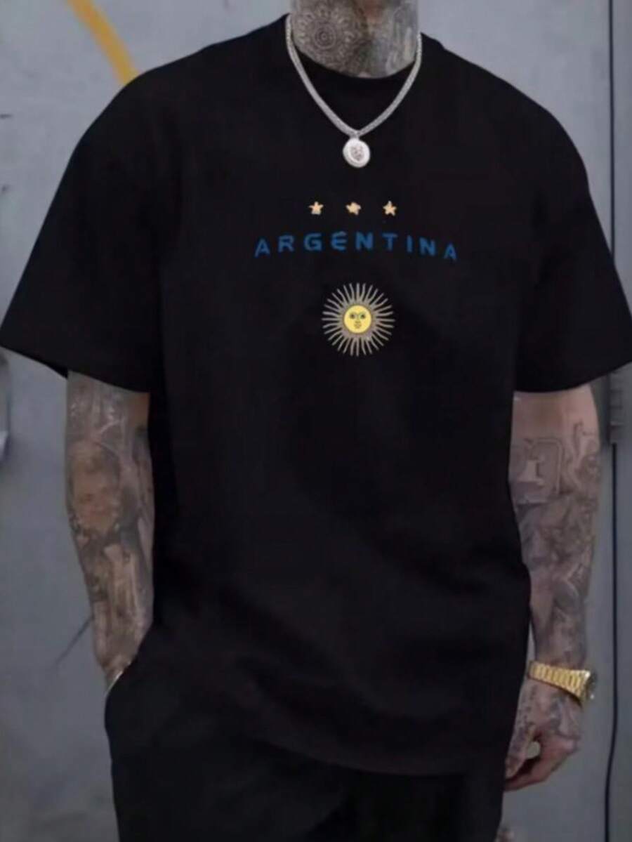 Argentina Men's T-Shirt, Printed Cotton Shirt, Casual Fashion, Premium Knit Blouse, Argentina National Team, World Cup, Sport - 黑色 - 查看 1