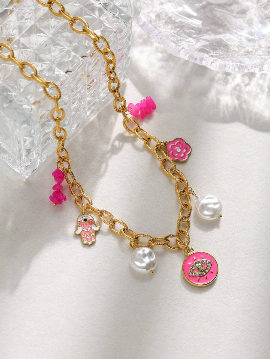 1 chiếc mặt dây chuyền hình hoa bằng đá Zirconia tự nhiên, kiểu dáng nhỏ giọt dầu, thuộc dòng sản phẩm màu hồng, làm thủ công, bằng thép không gỉ, thích hợp cho các cô gái đeo khi đi nghỉ mát và hàng ngày. - Vàng - Xem 1