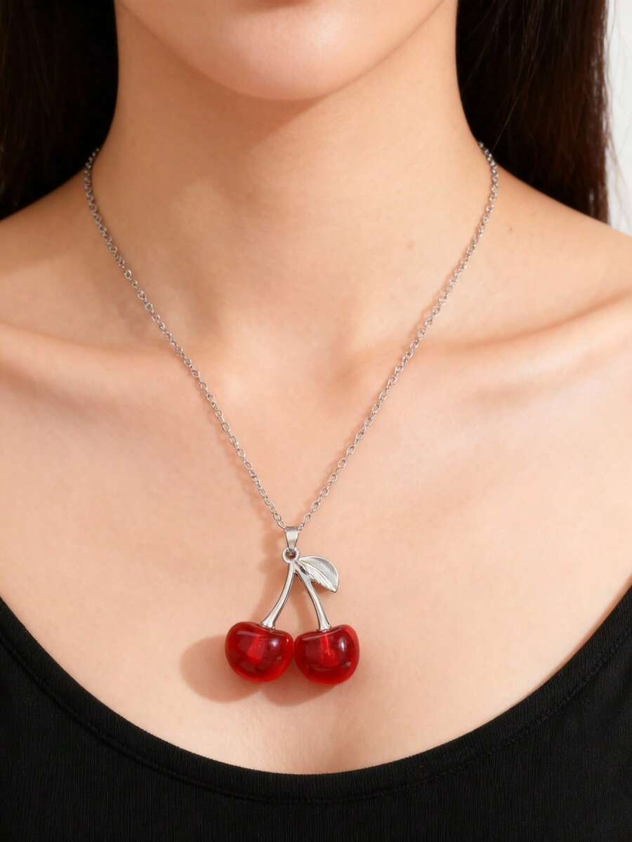 1pc Cute, Creative, Multi-Element, Luxury, Fresh Fruit & Cherry Necklace, Korean/Japanese Style