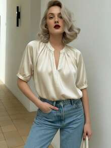 Women's Elegant Polyester Deep V-Neck Short Sleeve Blouse, Satin Fabric, Casual & Versatile - Champagne - View 4