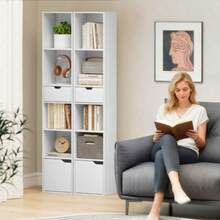 Bookshelf With 6 Shelves, 3-Level Adjustable, With Drawer, Cabinet Door, Customizable Shelf, Display Shelf, White