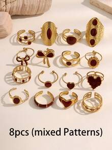 16件套不锈钢金色3D图案混搭高品质不褪色可调节戒指套装，情人节心形戒指礼物，母亲节礼物，日常佩戴，节日珠宝礼物