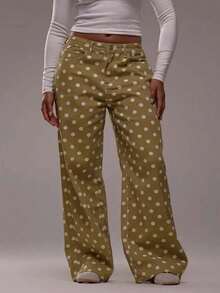 Polka Dot Jeans Women Low Rise Cute Baggy Jeans Y2k Straight Wide Leg Boyfriend Denim Pants Streetwear - 卡其色 - 查看 2