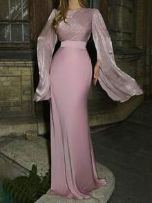 Women's Long-Sleeved Bodycon Dress Elegant Round Neck Pleated Batwing Sleeve Dress Cocktail Party Formal Evening Ball Gown Slim Fit Long Skirt Waist Cinched Dress Gift For Valentine's Day And Graduation Party Birthday Celebrations Concert Hoing Out Outfit - 粉色 - 查看 4