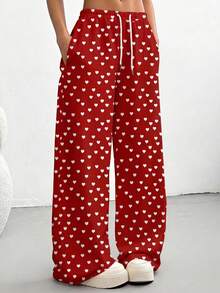 情人节红色爱心印花阔腿运动裤，可爱抽绳家居裤，送给女朋友的春季礼物 - 彩色 - 查看 1