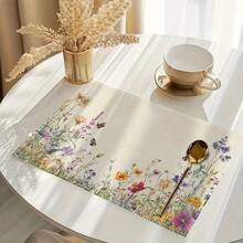 Bộ 1/2/4/6/8 tấm lót bàn ăn hình chữ nhật viền hoa dại, kích thước 12x18 inch - Chất liệu polyester có thể giặt, thích hợp cho phòng ăn, nhà bếp và trang trí tiệc tùng, nền vàng rực rỡ với lá xanh và hoa nhiều màu sắc. - Nhiều màu - Xem 6