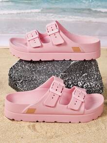 New Fashion Thick Bottom Elevated Sandals For Women, Versatile EVA Lightweight Comfortable Soft Durable Double Adjustable Strap Sandals For Home, Party, Beach, Work, Shock-Absorbing - Pink - View 6