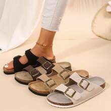 Women Comfort Straps Adjustable Buckle Cork Footbed Slides Flats Sandals Shoes Summer Outdoor Walking Travel - 黑色 - 查看 8