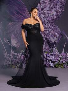 Faeriesty 优雅黑色露肩晚礼服，蕾丝薄纱长款礼服，刺绣花卉紧身胸衣和鱼尾裙摆——完美适用于婚礼宾客、正式晚宴、盛大派对、周年纪念派对 - 黑色 - 查看 4