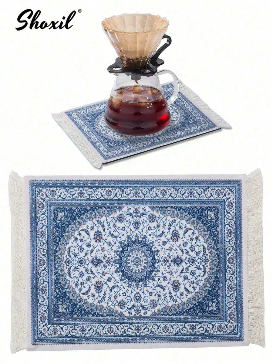 shoxil 1 pièce Tapis à café, Tapis de café, Dessous de tasse à café, Dessous de verre, Dessous de boisson, Tapis de séchage de vaisselle, Tapis de table, Napperon, Tapis de souris, Tapis résistant à la chaleur et antidérapant - Bleu azur - Voir 1