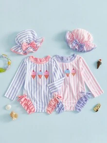 Toddler Girl Rash Guard Swimsuit Long Sleeve Ice Cream Embroidery Ruffled Swimwear With Hat For Beach Pool - Pink - View 3
