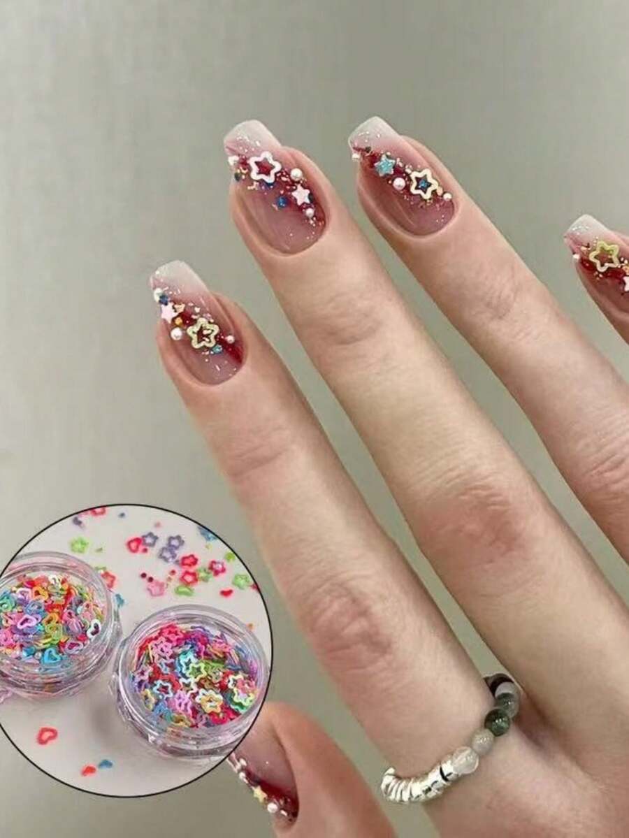 1盒全新多巴胺星形爱心美甲装饰贴纸，镂空彩色五角星美甲贴，精致时尚，是情人节美甲装饰的理想之选 - 彩色 - 查看 1