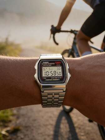 Casio 卡西欧男士经典复古运动腕表 A159WA-N1，黑色表盘，不锈钢表带，日期显示，休闲配饰，男士礼物