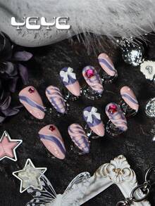 10 Fake Nails Press On Almond French Tip,Pink,Purple,Snakeskin,3d Three-Dimensional Decoration Element,Rhinestone Decor Star,White Bowknot,Waterdrop,Japanese Style Full Coverage Press On Nails Y2K Charms Set,The Set Includes 1 Mini Nail File And 1 Adhesive Sheet, Suitable For Women And Girls. Nail Art For Daily Use, Party, Weddings, Etc Nail Supplies - Multicolor - View 4