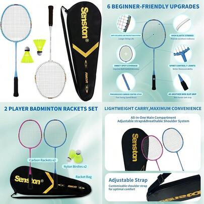 Lightweight Beginner Badminton Set With 2 Rackets, 2 Shuttlecocks, Carry Bag