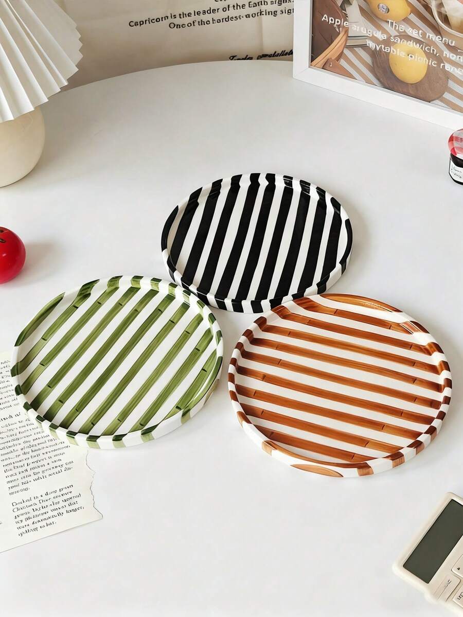 1pc/2pcs Handpainted Striped Ceramic Plate, Elegant Ceramic Dessert/Snack/Jewelry Tray, Suitable For Breakfast, Steak, Pasta, Afternoon Tea, Holiday Gifts - Multicolor - View 1