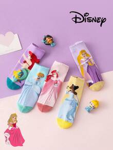 Disney 10/5 双装公主可爱女童袜，艾莎、美人鱼公主图案，中筒袜，韩版卡通，男童冬季透气婴儿/学生短袜 - 彩色 - 查看 2