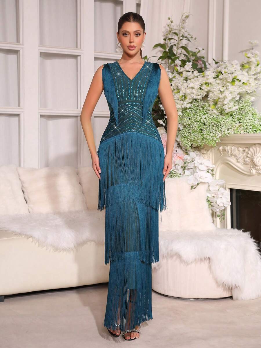 New Fashionable Fringed Maxi Dress, Rhinestone Embellished Slimming Sexy Long Dress, Suitable For Women's Wedding, Festival Party, Formal Dinner Gown - Teal Blue - View 1