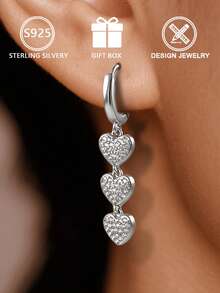 1pc 925 Sterling Silver Triple-Layer Cubic Zirconia Heart Pendant Earrings (Triple Heart Design), Gift Box, Suitable For Daily Wear And Valentine's Day Gift - Silver - View 7