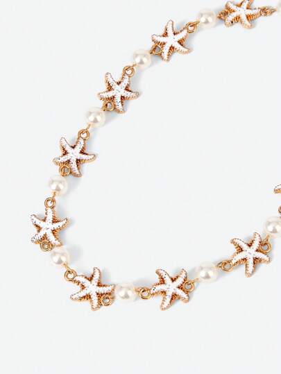Opalesca 1 st Handgjorda Faux Pearl White Starfish Halsband, Fashionabla Ocean Style smycken lämpliga för kvinnors dagliga och strandresor klädsel
