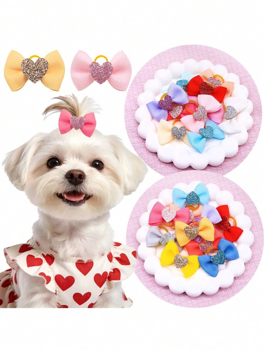 2pcs Dopamine Color Series Heart Bow Hair Ties, Simple, High-End, And Elegant Elastic Headbands For Small To Medium-Sized Long-Haired Dogs, Perfect Pet Accessories For Occasions Like Valentine's Day And Weddings - Multicolor - View 1