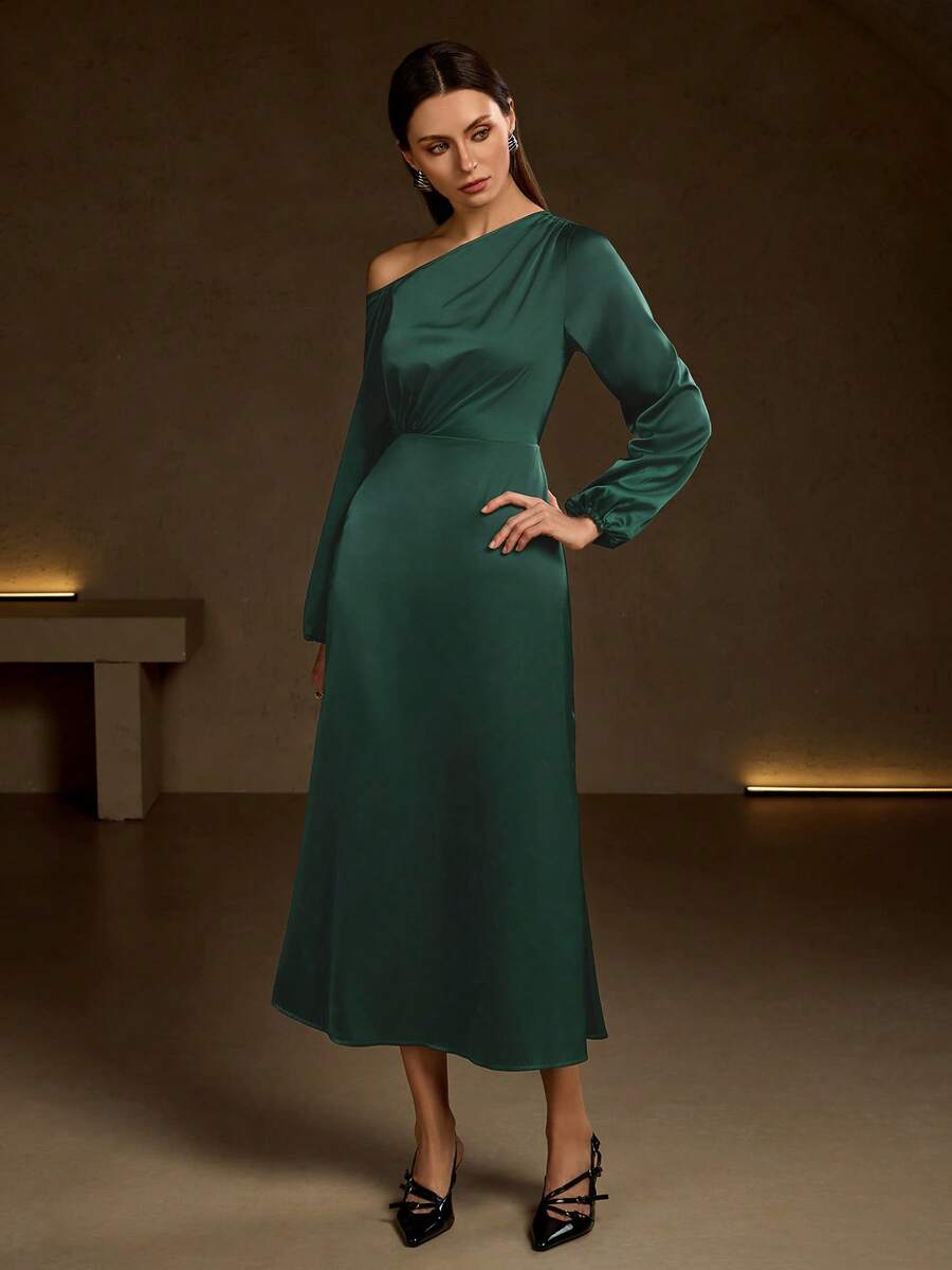 Elegant Jade Green Satin One-Shoulder Maxi Dress, Suitable For Spring Formal Events And Parties Party - Green - View 1