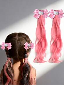 时尚儿童发饰 - 可爱卡通格子蝴蝶结树脂发夹 - 粉色 - 查看 1