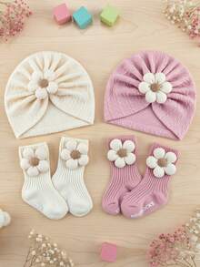 2pcs Newborn Floral Headband Hat + Socks Set, 0-6 Months Baby Elastic Cap, Cute Swaddle Hat Infant Headwear Set