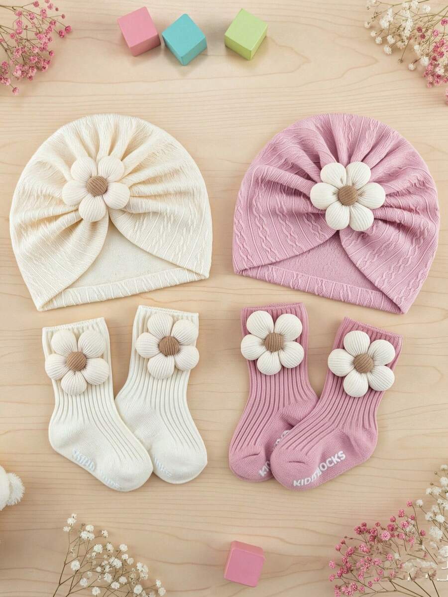 2pcs Newborn Floral Headband Hat + Socks Set, 0-6 Months Baby Elastic Cap, Cute Swaddle Hat Infant Headwear Set