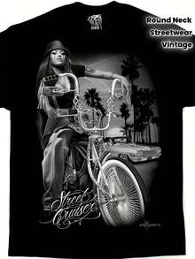 Men's Vintage Chicano Street Cruiser Lowrider Bike Graphic T-Shirt - David Gonzales Art Black & White  Design, 100% Cotton Casual Round Neck Tee For Men, Urban Latino Culture Apparel, Funny Gift For Lowrider Enthusiasts, Streetwear Fashion, Comfortable Fit, Soft Fabric - màu đen - Xem 1