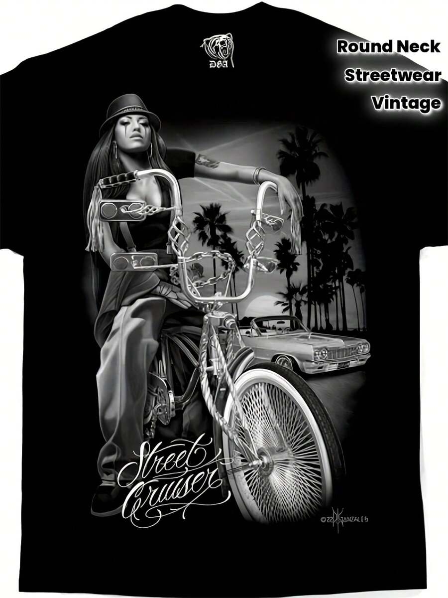 Men's Vintage Chicano Street Cruiser Lowrider Bike Graphic T-Shirt - David Gonzales Art Black & White  Design, 100% Cotton Casual Round Neck Tee For Men, Urban Latino Culture Apparel, Funny Gift For Lowrider Enthusiasts, Streetwear Fashion, Comfortable Fit, Soft Fabric - màu đen - Xem 1
